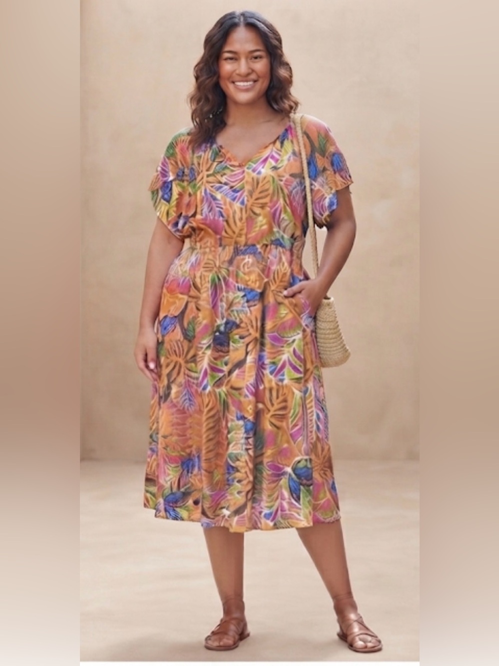 C & C California Colorful Leaf Print Dress